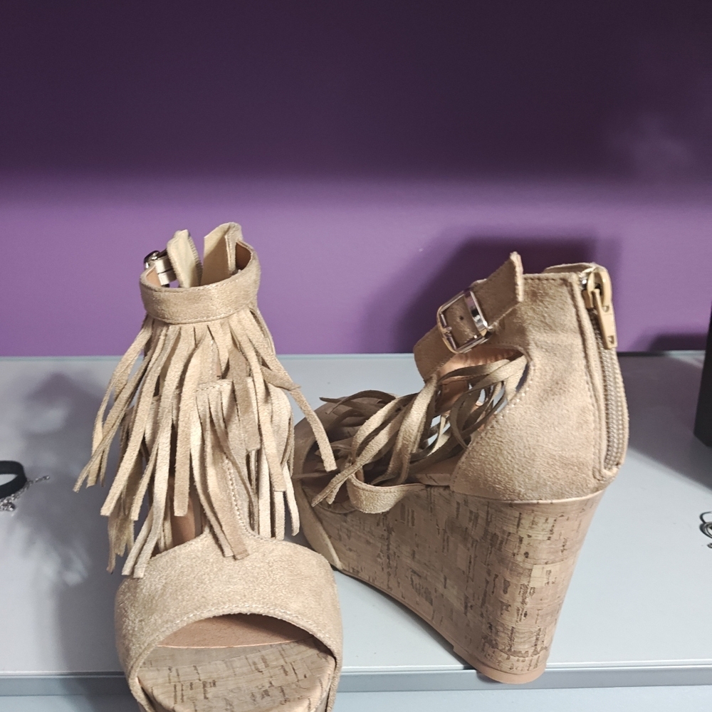 Maurices Tan Fringe Wedge Sandals